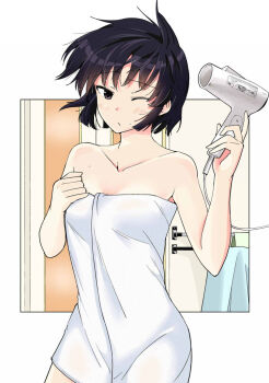 Rule 34 | 1girl, black eyes, black hair, border, breasts, collarbone, commentary request, cowboy shot, drying, drying hair, drying own hair, hair dryer, holding, holding hair dryer, kujou meika, meika-san wa oshikorosenai, naked towel, one eye closed, outside border, saitou shouki, short hair, small breasts, solo, standing, towel, white border