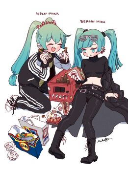 Rule 34 | 2girls, alcohol, aldi, aqua eyes, aqua hair, beer, belt, black belt, black jacket, closed eyes, crop top, doner kebab, doner sandwich, dual persona, eating, food, german commentary, german flag, german miku, hatsune miku, jacket, lidl, long sleeves, multiple girls, navel, pants, sandwich, sausage, shihoran, shutter shades, track jacket, track pants, track suit, twintails, vocaloid, worldwide miku