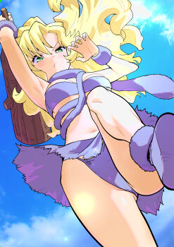 1girl absurdres ayla_(chrono_trigger) blonde_hair breasts chrono_trigger closed_mouth cloud club_(weapon) curly_hair highres holding holding_weapon long_hair looking_at_viewer navel panties toku_sonchou underwear weapon