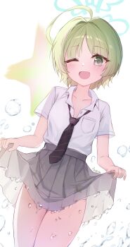 1girl ;d absurdres ahoge black_necktie blue_archive blue_halo breast_pocket breasts collared_shirt commentary diagonal-striped_clothes diagonal-striped_necktie green_eyes green_hair grey_skirt halo highres looking_at_viewer miniskirt necktie one_eye_closed open_mouth panties panty_peek partially_unbuttoned pleated_skirt pocket ritsu_(blue_archive) school_uniform shirt short_hair short_sleeves skirt skirt_hold small_breasts smile solo star_(symbol) striped_clothes tokcha underwear water_drop white_panties white_shirt