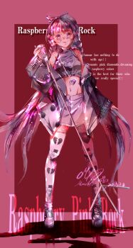 1girl absurdres bare_shoulders beret black_hat black_jacket black_shirt black_shoes border bow braid broken_heart_print character_name closed_mouth clothes_writing commentary_request crop_top dated denim denim_skirt english_text full_body fur-trimmed_skirt fur_trim grey_bow grey_skirt hair_bow halter_shirt halterneck happy hat heart heart_necklace highres holding holding_microphone jacket jacket_partially_removed jewelry light_particles long_hair long_sleeves low_twin_braids low_twintails microphone microphone_stand midriff mini_hat miniskirt miracle_nikki multicolored_hair muriel_miaoke navel necklace nikki_(series) novelty_glasses outside_border pendant pink_border print_thighhighs puffy_long_sleeves puffy_sleeves raspberry_pink_rock_(miracle_nikki) red_background round_eyewear shadow shirt shoes signature skirt smile sneakers solo split-color_hair standing straight-on sunglasses thighhighs twin_braids twintails two-tone_hair very_long_hair white_thighhighs yellow-framed_eyewear zettai_ryouiki