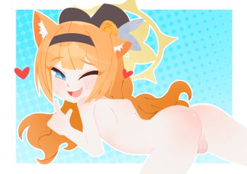 1girl :d absurdres animal_ear_fluff animal_ears ass back black_hairband black_hat blue_archive blue_background blue_eyes border center-flap_bangs completely_nude flat_color fox_ears hairband halftone halftone_background halo hat heart highres loli lying mari_(blue_archive) noxtwice nude on_stomach one_eye_closed open_mouth orange_hair outline partially_visible_vulva pointing pointing_up pussy shiny_skin smile solo teeth thick_eyelashes top_hat upper_body upper_teeth_only variant_set white_border white_outline yellow_halo