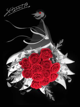 absurdres black_background bob_cut flower gardevoir gen_3_pokemon hair_over_one_eye highres mega_gardevoir mega_pokemon nintendo petals pokemon pokemon_(creature) red_eyes red_flower red_rose rose shita_desu signature simple_background