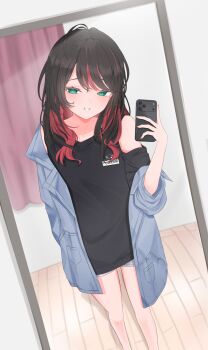 Rule 34 | 1girl, arm at side, black hair, black shirt, blue jacket, breasts, clothing cutout, colored inner hair, commentary request, feet out of frame, green eyes, grey shorts, grin, hand up, highres, hizuki yui, holding, holding phone, jacket, long sleeves, looking at viewer, lunariskat, mirror, mirror selfie, mole, mole under eye, multicolored hair, neo-porte, parted bangs, phone, reflection, reflection focus, selfie, shirt, short shorts, shorts, shoulder cutout, single off shoulder, sleeves rolled up, small breasts, smile, solo, standing, swept bangs, virtual youtuber