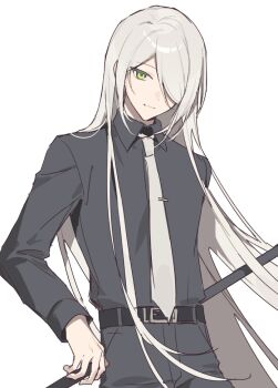 belt belt_buckle black_belt black_pants black_shirt buckle closed_mouth collared_shirt commentary_request dress_shirt green_eyes grey_hair grey_necktie hair_over_one_eye hijiri_(resetter) long_hair long_sleeves looking_at_viewer necktie original pants shirt simple_background smile tie_clip very_long_hair white_background