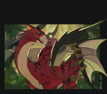 Rule 34 | all fours, black wings, body fur, closed eyes, digimon, digimon (creature), digital monster x-evolution, doruguremon, dragon, forehead jewel, highres, looking at another, red eyes, red fur, sharp teeth, sse aee, teeth, tokomon, tokomon x-antibody, twitter username, wings