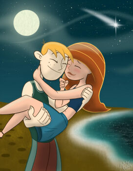 1boy 1girl bare_arms bare_legs bare_shoulders beach blonde_hair blue_skirt blush brown_hair carrying carrying_person cheek-to-cheek closed_eyes closed_mouth couple disney drakebyrs freckles friends full_moon happy heads_together hetero highres hug kim_possible kim_possible_(series) lips long_hair midriff moon navel neck night night_sky ocean princess_carry ron_stoppable shooting_star short_hair skirt sky sleeveless smile standing star_(sky) starry_sky straight_hair water