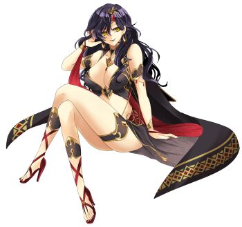 1girl absurdres alternate_costume arizigoku0627 bare_legs bare_shoulders black_dress black_hair bracelet breasts cape cleavage collarbone commission cosplay crossed_legs dancer dress earrings fingernails fire_emblem fire_emblem:_the_blazing_blade fire_emblem_heroes full_body gladiator_sandals gold_trim hair_lift hair_ornament high_heels highres jewelry large_breasts lipstick long_hair looking_at_viewer makeup mature_female medallion nintendo pixiv_commission plunging_neckline red_nails sandals sitting sleeveless smile solo sonia_(fire_emblem:_the_blazing_blade) thighs ursula_(fire_emblem) ursula_(fire_emblem)_(cosplay) ursula_(khadein)_(fire_emblem) ursula_(khadein)_(fire_emblem)_(cosplay) white_background yellow_eyes