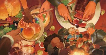 1girl 3boys arm_guards armor beads beard black_hair blonde_hair blue_capelet blue_robe bowl braid bread brown_gloves brown_hair campfire capelet chilchuck_tims coin commentary covered_mouth crystal dungeon_meshi dwarf eating elf facial_hair fake_horns fingerless_gloves food fork fur_trim garnish giving glint gloves green_eyes green_scarf grey_hair halfling helmet holding holding_bowl holding_fork holding_spoon hood hood_down hooded_capelet horned_helmet horns hotpot laios_touden leaf leather_armor long_beard long_hair long_sleeves looking_at_another looking_at_viewer marcille_donato meat multiple_boys multiple_views mushroom mustache omelet one_eye_closed open_mouth parted_bangs pixiescout plate plate_armor pointy_ears reaching robe scarf senshi_(dungeon_meshi) shirt short_hair side_braid sitting sliced_meat soup spoon steam symbol-only_commentary vambraces vegetable white_shirt