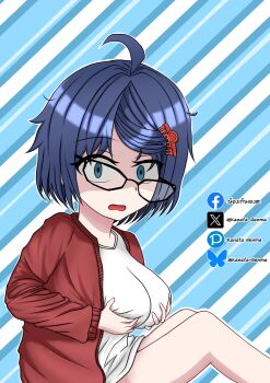 1girl black-framed_eyewear blue_hair breasts claw_hair_clip hair_ornament hairband hairclip hand_grabbing_both_breasts highres kanata_genma long_sleeves looking_at_viewer mila_(miside) miside mita_(miside) pajamas red_hairband red_pajamas red_shirt red_sweater shirt sweater