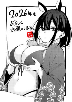 1girl 2026 absurdres bikini border breasts commentary_request food front-tie_bikini_top front-tie_top fruit grabbing_own_breast greyscale highres hitotose_hirune japanese_clothes large_breasts looking_at_viewer mandarin_orange monochrome navel open_clothes oppai_mochi original outside_border short_hair solo swimsuit thong_bikini translation_request white_border