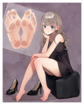 1girl barefoot blue_eyes dress feet highres light_blush long_hair looking_at_viewer lumina414 shoes soles steam toes unworn_shoes