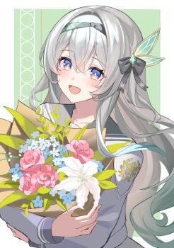 1girl :d blush bouquet firefly_(honkai:_star_rail) firefly_(spring_missive)_(honkai:_star_rail) flower green_background grey_hair grey_sailor_collar holding holding_bouquet honkai:_star_rail honkai_(series) kiki-yu long_hair looking_at_viewer multicolored_eyes official_alternate_costume open_mouth purple_eyes sailor_collar shirt smile solo two-tone_eyes upper_body white_shirt