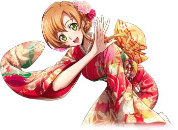 1girl all_fours artist_request back_bow blush bow braid braided_bun breasts code_geass code_geass:_lost_stories female_focus floral_print floral_print_kimono flower game_cg hair_bun hair_flower hair_ornament hair_ribbon hand_up happy japanese_clothes kimono leaning_forward light_blush long_hair long_sleeves looking_at_viewer lotus medium_breasts non-web_source obi official_art open_mouth orange_hair pink_flower print_kimono red_kimono red_ribbon ribbon sash shirley_fenette simple_background smile socks solo tassel teeth transparent_background white_socks wide_sleeves yellow_eyes