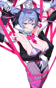 1girl 2024 absurdres animal_ears arms_up bare_shoulders black_leotard blue_eyes blue_hair bound bow bowtie breasts detached_collar detached_sleeves fake_animal_ears fake_tail grabbing_another&#039;s_ear grabbing_another&#039;s_hair grabbing_another&#039;s_twintails hair_ornament hairband hand_on_another&#039;s_arm hand_on_another&#039;s_ear hand_on_another&#039;s_face hatsune_miku heart highres holding_another&#039;s_hair hug hug_from_behind large_breasts leotard long_hair looking_at_viewer multiple_others necktie open_mouth pantyhose pink_pupils playboy_bunny rabbit_ears rabbit_hole_(vocaloid) rabbit_tail ribbon ribbon_bondage simple_background sleeveless smile solo_focus surrounded_by_hands tail teardrop_facial_mark twintails vocaloid wonbin_lee x_hair_ornament