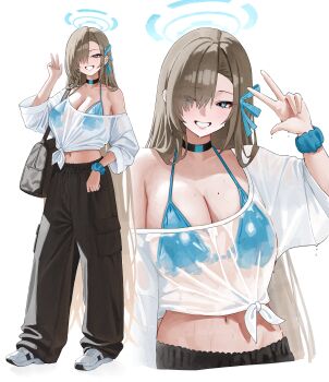 1girl absurdres asuna_(blue_archive) bikini bikini_under_clothes black_choker blue_archive blue_bikini blue_eyes blue_halo blue_scrunchie breasts brown_hair choker cleavage hair_over_one_eye halo highres kono_(xerondan321) large_breasts long_hair looking_at_viewer mole mole_on_breast multiple_views scrunchie see-through_clothes see-through_shirt shirt simple_background smile standing swimsuit tied_shirt v white_background white_shirt wrist_scrunchie