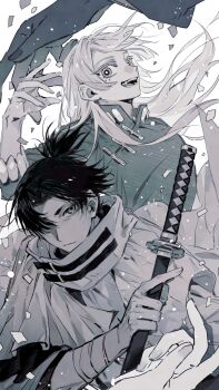 2boys adam&#039;s_apple bandaged_arm bandages cloak commentary confetti disembodied_hand fang floating_hair forehead greyscale hair_over_one_eye highres hiruhiko_(kagurabachi) holding holding_sword holding_weapon kagurabachi kumeyuri_(sword) long_hair male_focus mole mole_under_eye monochrome multiple_boys multiple_moles open_mouth qingyao_u3u short_hair simple_background smile sword symbol-only_commentary three-quarter_sleeves turtleneck uruha_youji weapon