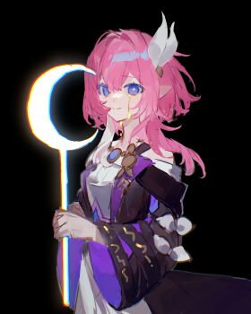 1girl black_background blood bloody_tears blue_eyes breasts ceremonial_blade_(honkai:_star_rail) chinese_commentary chromatic_aberration coat commentary_request cyrene_(honkai:_star_rail) cyrene_(philia093)_(honkai:_star_rail) dress gold_blood hair_ornament highres holding holding_staff honkai:_star_rail honkai_(series) jewelry multicolored_hair necklace pink_hair pointy_ears purple_coat simple_background small_breasts solo staff two-tone_hair white_dress white_hair youzaiyouzai143