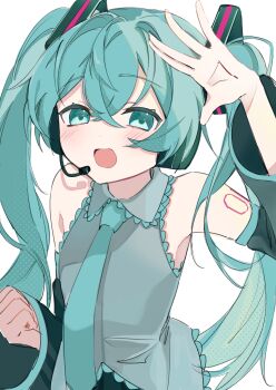 Rule 34 | 1girl, absurdres, aqua eyes, aqua hair, aqua necktie, black sleeves, commentary, detached sleeves, grey shirt, hatsune miku, headphones, headset, highres, long hair, necktie, number tattoo, shirt, sleeveless, sleeveless shirt, tattoo, twintails, vocaloid, white background, yukia 1128