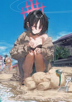 4girls absurdres arius_squad_(blue_archive) atsuko_(blue_archive) atsuko_(swimsuit)_(blue_archive) bare_legs beach betabeet bikini black_bikini black_hair blue_archive blue_hair blush breasts brown_jacket building_sand_sculpture camera cleavage closed_eyes closed_mouth cloud collarbone cross_halo ear_piercing earrings eyes_visible_through_hair glint green-framed_eyewear green_hair grey_hat halo hat highres hiyori_(blue_archive) hiyori_(swimsuit)_(blue_archive) holding holding_camera jacket jewelry knees_together_feet_apart large_breasts light_smile long_hair looking_at_object misaki_(blue_archive) misaki_(swimsuit)_(blue_archive) multiple_girls navel official_alternate_costume open_mouth outdoors piercing pink_hair revision sand sand_sculpture sandals saori_(blue_archive) saori_(swimsuit)_(blue_archive) short_hair single_bare_shoulder small_breasts smile solo_focus squatting striped_clothes stud_earrings sweat swimsuit taking_picture water white_hat