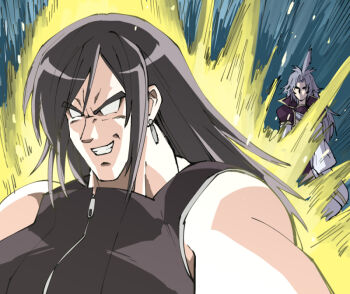 1boy 1girl bare_shoulders black_hair black_vest breasts cropped_jacket dissidia_final_fantasy dragon_ball earrings feather_hair_ornament feathers final_fantasy final_fantasy_ix final_fantasy_vii final_fantasy_vii_advent_children furrowed_brow grey_hair grin hair_ornament jacket jewelry kurosuema large_breasts long_hair muscular muscular_female purple_jacket smile teeth tifa_lockhart toriyama_akira_(style) vest white_eyes white_sleeves