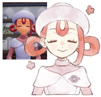 1girl :&gt; chamopichamo closed_eyes facing_viewer flower game_screenshot_inset hair_rings hat joy_(pokemon_legends:_z-a) long_sleeves nintendo nurse_cap pokemon pokemon_center pokemon_legends:_z-a red_hair reference_inset single_sidelock smile solo turtleneck
