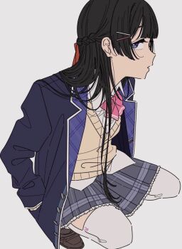 1girl black_hair blue_jacket bow bowtie braid brown_sweater_vest commentary_request grey_skirt hair_ornament hairclip half_up_braid hands_in_pockets highres jacket kamatama_rom long_hair nijisanji open_clothes open_jacket open_mouth pink_bow pink_bowtie purple_eyes school_uniform shirt simple_background skirt solo squatting sweater_vest thighhighs tsukino_mito tsukino_mito_(1st_costume) virtual_youtuber white_background white_shirt white_thighhighs