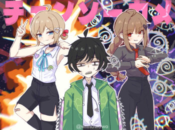 1boy 2girls ahoge arm_up asymmetrical_legwear bandaid bandaid_on_knee bandaid_on_leg black_choker black_hair black_necktie black_pants black_shorts black_socks black_thighhighs blue_eyes braid braided_ponytail broken_heart broken_heart_hair_ornament brown_hair chainsaw_man choker closed_mouth commentary dress_shirt english_commentary evil_neuro-sama fang green_hoodie grey_shirt hair_ornament heart heart_hair_ornament highres hood hoodie long_hair long_sleeves multiple_girls necktie neuro-sama pants personification red_eyes red_necktie sharp_teeth shirt shirt_tucked_in shorts siblings single_sock single_thighhigh sisters sleeveless sleeveless_shirt socks teeth thighhighs twins uneven_legwear v vedal987 vedal_ai virtual_youtuber white_shirt wimowo