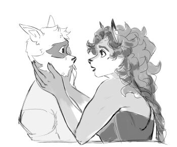 1boy 1girl animal_ears carmelita_fox commentary crying english_commentary fox_ears fox_girl greyscale hands_on_another&#039;s_cheeks hands_on_another&#039;s_face highres katiewilliams long_hair looking_at_another monochrome raccoon_boy raccoon_ears sketch sly_cooper sly_cooper_(series) tears wavy_hair white_background