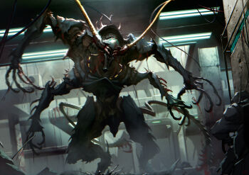 Rule 34 | 2others, absurdres, adversarial noise, antennae, armor, artist name, blood, blurry, blurry background, blurry foreground, ceiling light, chromatic aberration, claws, commentary request, creature, exoskeleton, extra arms, extra eyes, extra tails, fangs, fluorescent lamp, giant insect, green eyes, gun, highres, holding, holding gun, holding weapon, indoors, long claws, monster, multiple others, original, power armor, radio antenna, science fiction, signature, spikes, standing, weapon, yaziri