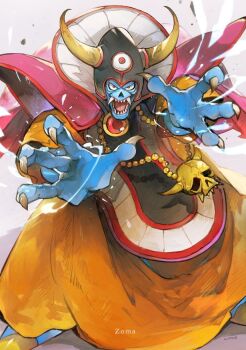 Rule 34 | 1boy, blue skin, character name, claws, colored skin, commentary request, demon, dragon quest, dragon quest iii, fangs, fighting stance, high collar, highres, horns, jewelry, linne (hld doreko), looking at viewer, male focus, necklace, open hands, open mouth, orange tunic, outstretched arms, red eyes, sharp teeth, shoulder pads, skull necklace, solo, standing, teeth, tunic, zoma