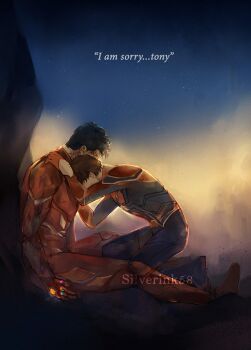 2boys arc_reactor armor artist_name avengers:_endgame avengers_(series) black_hair blue_bodysuit blue_sky bodysuit brown_hair commentary death english_commentary english_text full_armor hands_on_another&#039;s_shoulders hands_up highres infinity_gems iron_man male_focus marvel multicolored_armor multicolored_bodysuit multiple_boys outdoors peter_parker power_armor red_armor red_bodysuit short_hair silverink58 sitting sky spider-man superhero_costume tony_stark two-tone_bodysuit web_shooter yellow_armor yellow_sky