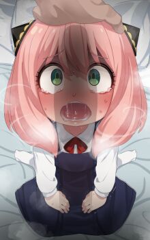 1girl absurdres anya_(spy_x_family) blush erection green_eyes hairpods heart hetero highres large_penis large_variant_set loli looking_at_viewer mizumizuni open_mouth penis penis_awe penis_shadow pink_hair pov saliva shaded_face solo_focus spy_x_family tearing_up tears variant_set