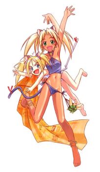 2girls akamatsu_ken animal_ears anklet armpits bangle barefoot bell bikini_tan bindi blonde_hair blush_stickers bracelet cat_ears cat_tail collar dark-skinned_female dark_skin halterneck jewelry kaolla_su legs love_hina midriff multiple_girls navel neck_bell panties panty_pull ribbon sarah_mcdougal sarong side-tie_panties simple_background stiff_tail tail tail_ornament tail_ribbon tama_(love_hina) tan tanline turtle twintails underwear waving