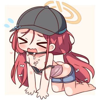 >_< 1girl all_fours barefoot black_hat blue_archive blue_shorts blush bow breasts closed_eyes collarbone commentary_request cum cum_on_body cum_on_breasts cum_on_upper_body flying_sweatdrops full_body hair_between_eyes hair_bow halo hana_kazari hat heart highres long_hair nipples off_shoulder open_mouth red_hair shorts simple_background solo white_bow yellow_halo yuzu_(blue_archive)
