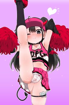 1girl ahoge amashun arm_up armpits black_choker black_eyes black_gloves black_hair black_socks blush bow bow_panties cameltoe cheerleader choker closed_mouth clothes_writing collarbone condom condom_packet_strip condom_wrapper crop_top demon_girl demon_horns demon_tail demon_wings elbow_gloves fake_horns fang fang_out frilled_panties frills gloves heart horns kneehighs kneepits leg_lift leg_up loli long_hair looking_at_viewer midriff navel one_eye_closed original panties pink_background pink_skirt pleated_skirt pom_pom_(cheerleading) purple_background simple_background skirt smile socks solo split standing standing_on_one_leg standing_split tail tank_top thigh_strap two_side_up underwear visor_cap white_panties wings