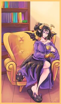 1girl bare_shoulders bat_tattoo black_hair blue_eyes breasts cleavage demon demon_girl demon_horns demon_wings digimon digimon_(creature) eyeshadow facial_mark fallen_angel forehead_mark forehead_tattoo hair_ornament highres horns large_breasts lilithmon makeup multiple_wings piercing pointy_ears purple_eyeshadow purple_lips ryufboi short_hair solo tattoo wing_piercing wings