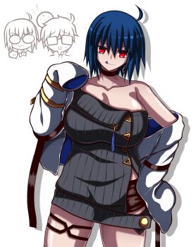 1boy 2girls absurdres alternate_breast_size_(larger) angry bare_shoulders blue_hair blue_tongue blush breasts chibi chibi_inset ciel_(tsukihime) cleavage cleavage_cutout clothing_cutout colored_tongue corruption cosplay dark_persona dress dual_persona earrings fate/grand_order fate_(series) glasses grey_dress hair_between_eyes hand_on_own_hip head_bump highres jacket jewelry large_breasts lipstick makeup michael_roa_valdamjong mrs._snake_(fate) mrs._snake_(fate)_(cosplay) multiple_girls possessed possession red_eyes roa-ciel sakurello short_hair shorts_under_dress sleeves_past_fingers sleeves_past_wrists smile thighs tohno_shiki trait_connection tsukihime tsukihime_(remake) vampire white_jacket