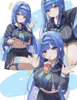 1girl :o absurdres arcana_(fortune_mate)_(nikke) arcana_(nikke) b.two black_serafuku blue_hair blunt_bangs blush breasts bubble_tea_challenge commentary_request drinking drinking_straw garter_straps goddess_of_victory:_nikke grey_eyes hair_ornament head_tilt heart highres korean_commentary large_breasts looking_at_viewer multiple_views navel neckerchief notice_lines parted_lips partially_unzipped school_uniform serafuku simple_background sitting standing thigh_strap underboob w zipper_pull_tab