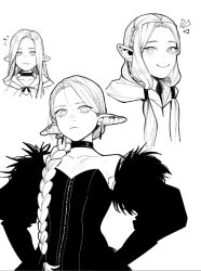 Rule 34 | 1girl, bare shoulders, black dress, bludraws, detached sleeves, dress, dungeon meshi, earrings, elf, greyscale, hood, jewelry, long hair, marcille donato, marcille donato (lord), monochrome, multiple views, neck ribbon, official alternate costume, pointy ears, ponytail, ribbon, twintails