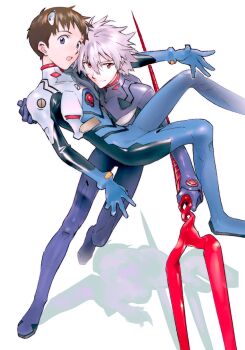 2boys bident blue_bodysuit blue_eyes bodysuit brown_hair carrying carrying_person closed_mouth commentary_request grey_hair hair_between_eyes highres ikari_shinji interface_headset_(evangelion) lance_of_longinus_(evangelion) magari_kouji male_focus mecha_pilot_suit multiple_boys nagisa_kaworu neon_genesis_evangelion open_mouth plugsuit_(evangelion) polearm princess_carry shadow short_hair skin_tight standing standing_on_one_leg weapon yaoi