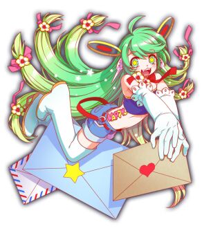 1girl ahoge artist_request bare_shoulders belt belted_shorts blue_shirt blue_shorts blush boots cel_shading character_name choker colored_tips crash_fever crop_top denim denim_shorts elbow_gloves english_text envelope fangs flower full_body game_cg gloves gradient_hair green_eyes green_hair hair_between_eyes hair_flower hair_ornament happy happy_(crash_fever) heart heart_sticker holding holding_envelope legs_up letter long_hair looking_at_viewer low-tied_long_hair midriff multicolored_hair official_art open_mouth outline pink_ribbon pocket red_belt red_outline red_ribbon ribbon ribbon_choker shirt shorts simple_background solo star_(symbol) star_in_eye star_sticker sticker symbol_in_eye tachi-e tattoo thigh_boots tongue transparent_background very_long_hair white_boots white_flower white_gloves