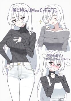 Rule 34 | 1girl, adversarial noise, apron, bare shoulders, black eyes, black sweater, bluesky username, blush, breasts, closed eyes, closed mouth, collarbone, commentary, cowboy shot, cropped torso, crossed bangs, curled fingers, denim, double-parted bangs, flustered, full-face blush, grey sweater, hair between eyes, hair intakes, hand on own chest, hand on own hip, hand up, highres, jeans, legs together, long hair, long sleeves, looking at viewer, multiple views, off-shoulder sweater, off shoulder, open mouth, original, pale skin, pants, ribbed sweater, simple background, sleeves past wrists, smile, split mouth, standing, star-shaped pupils, star (symbol), sweatdrop, sweater, sweater tucked in, symbol-shaped pupils, turtleneck, turtleneck sweater, u u, very long hair, white apron, white background, white hair, white pants, yamano rokamizu