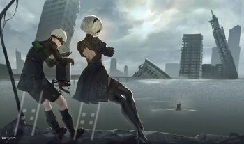1boy 1girl 2b_(nier:automata) 9s_(nier:automata) artist_name back_cutout black_boots black_dress black_gloves black_hairband black_jacket black_shorts black_socks black_thighhighs black_visor blindfold boots clothing_cutout cloud cloudy_sky crossed_ankles crossed_arms dress feather_trim from_behind full_body gloves grey_hair hairband highres jacket juliet_sleeves long_sleeves looking_at_another nekoyana nier:automata nier_(series) pod_(nier:automata) puffy_sleeves robot ruins short_hair shorts side_slit sitting sky socks thighhighs turtleneck turtleneck_dress