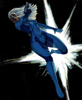 1girl alternate_hairstyle alternate_skin_color braided_dreadlocks breasts dark-skinned_female dark_skin dreadlocks full_body gun highres holding holding_gun holding_weapon medium_breasts metroid nintendo redblacktac samus_aran skin_tight solo weapon zero_suit