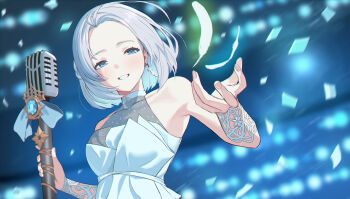 1girl armpits bare_shoulders blue_eyes blurry blurry_background blush collarbone commentary_request confetti dress earrings feather_earrings feathers forehead gakuen_idolmaster grey_hair grin highres holding holding_microphone_stand idolmaster jewelry katsuragi_lilja looking_at_viewer microphone_stand nune_(60569) official_alternate_costume short_hair sleeveless sleeveless_dress smile solo upper_body white_dress