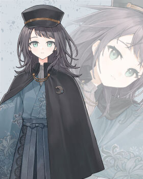 1girl bang_dream! bang_dream!_it's_mygo!!!!! black_cape black_hair black_hat blue_eyes blue_kimono blue_skirt cape closed_mouth commentary floral_print hashtag-only_commentary hat highres japanese_clothes kimono long_hair looking_at_viewer multiple_views rudrawong skirt yahata_umiri zoom_layer