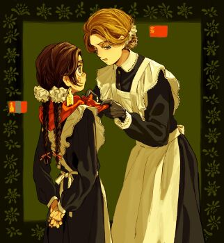 2girls adjusting_another&#039;s_clothes apron arms_behind_back bandaid bandaid_on_face bandaid_on_finger bandaid_on_hand bandaid_on_nose black_hair blue_eyes braid brown_hair earrings grey_eyes hair_bun hair_net hair_ornament highres jewelry low_twin_braids mongolia mongolia_(nanimonothing) mongolian_flag multiple_girls nanimonothing original red_scarf russia_(nanimonothing) scarf single_earring single_hair_bun soviet soviet_flag soviet_school_uniform soyombo standing twin_braids