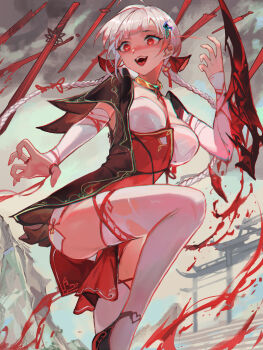 1girl absurdres black_shoes braid breasts brown_coat chinese_clothes cloud cloudy_sky coat commentary_request detached_sleeves feet_out_of_frame floating floating_object floating_sword floating_weapon framed_breasts glowing glowing_eyes gold grey_sky highres large_breasts leg_up long_hair long_sleeves multiple_swords open_clothes open_coat open_mouth original red_eyes shoes sky sword teeth thighhighs tongue twin_braids upper_teeth_only very_long_hair weapon white_hair white_thighhighs yandere youlan