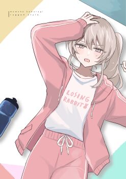 Rule 34 | 1girl, absurdres, blush, bottle, character name, commentary, girls band cry, grey eyes, grey hair, hamchan69, highres, jacket, kawaragi momoka, long hair, lying, on back, open mouth, pants, pink jacket, pink pants, ponytail, shirt, solo, sweat, track jacket, track pants, water bottle, white shirt